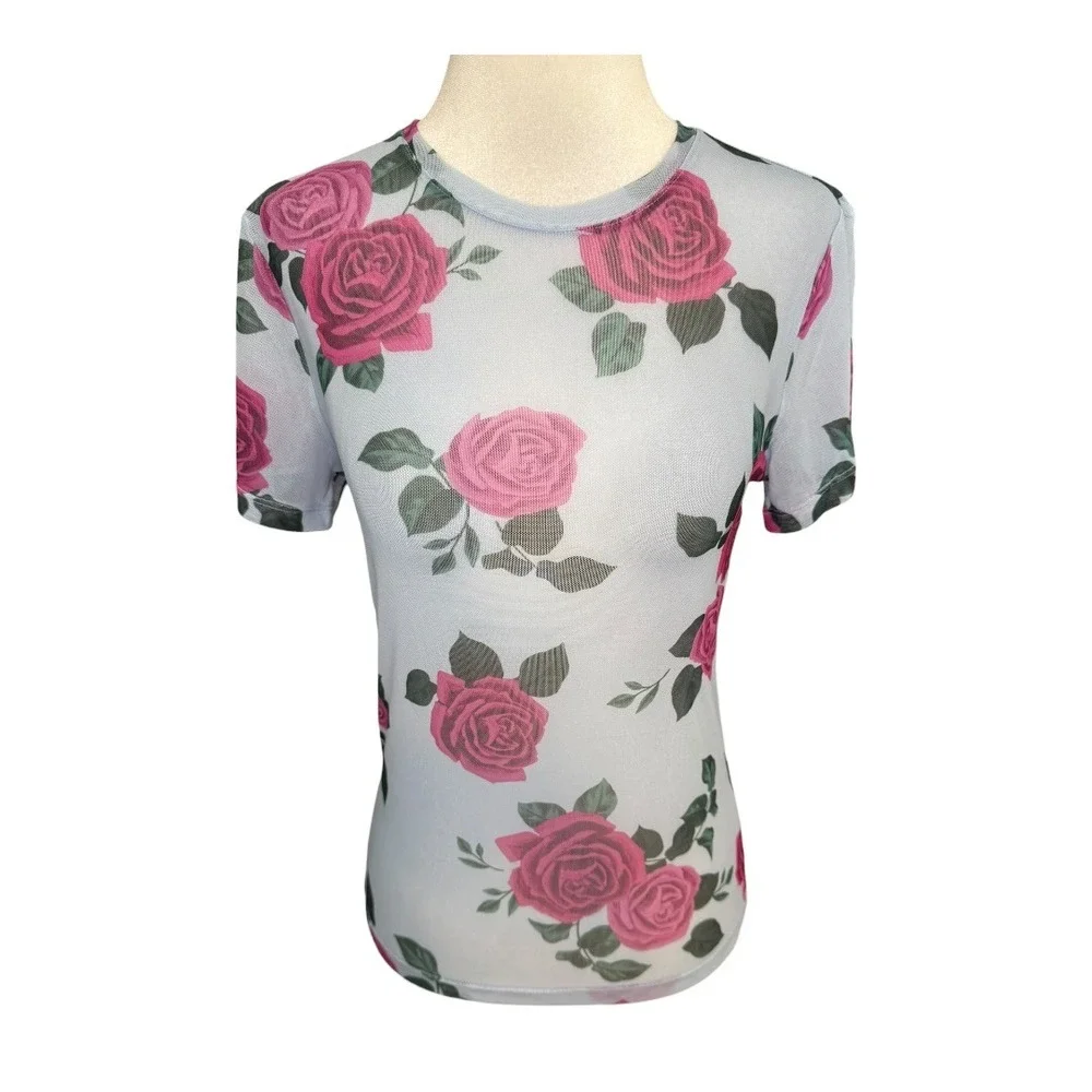 Good American Mesh Baby Tee‎ Vintage Rose Floral Sheer Top Blue Pink Medium NWT